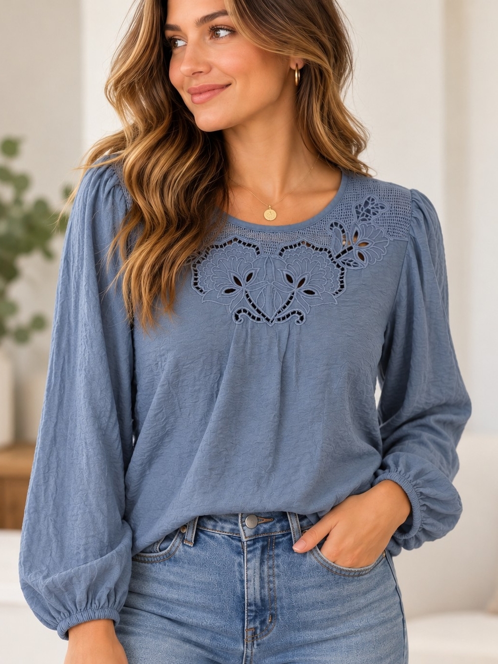 LOFT Petite Medium Blue Embroidered Blouse Long Sleeve Boho Cottagecore
